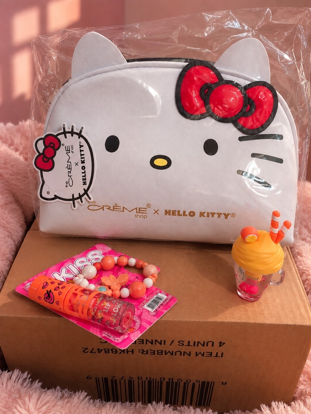 Hello Kitty White Pouch with Red Bow Kids Accessory Bag With 2 Lip Glosses